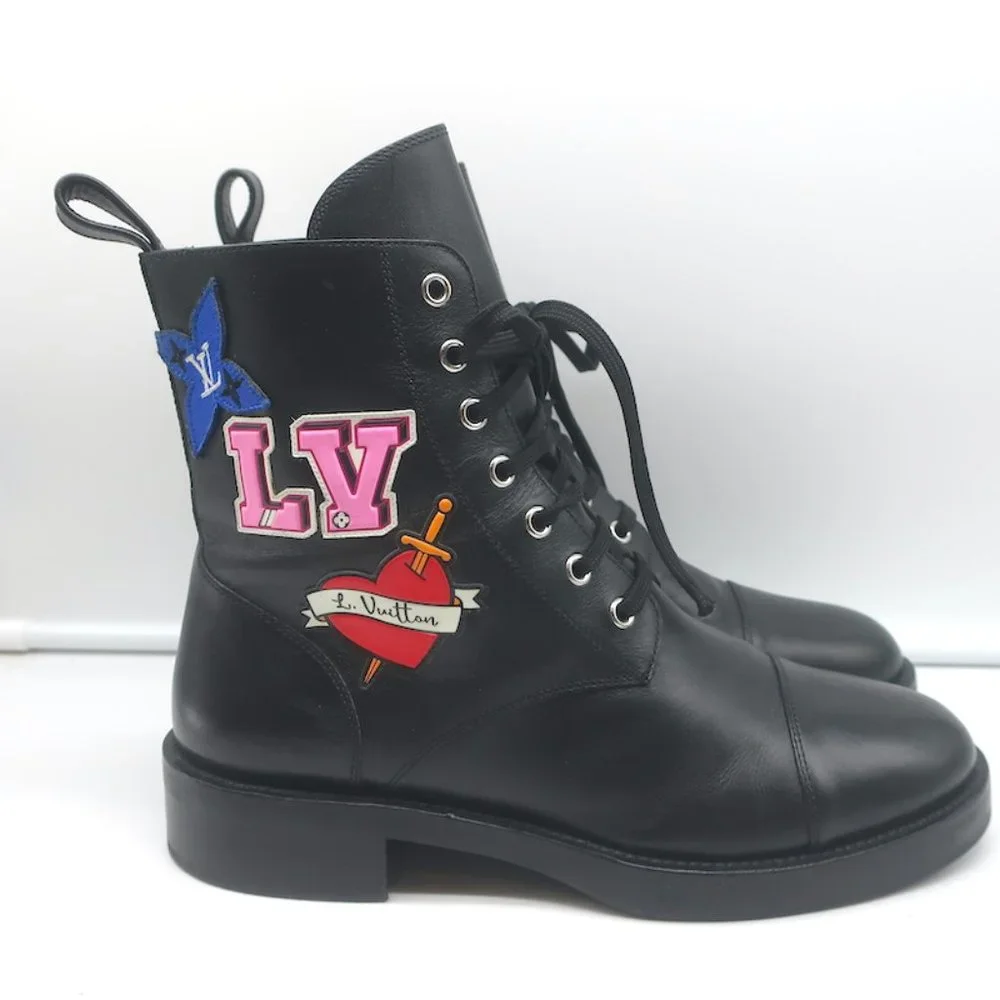 LOUIS VUITTON RANGER BOOTS WITH PATCHES BLACK LEATHER SIZE 40 FLAT COMBAT BOOTS - Picture 1 of 12